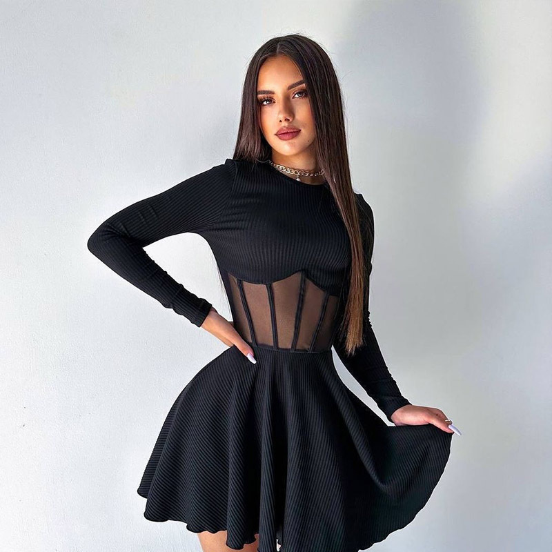 Women Half High Collar Long Sleeves h Fishbone Tight Waist Short Dress